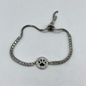 Vintage 925 Sterling Silver Paw Print Bracelet Clear CZ Accents Bolo Dog Lover